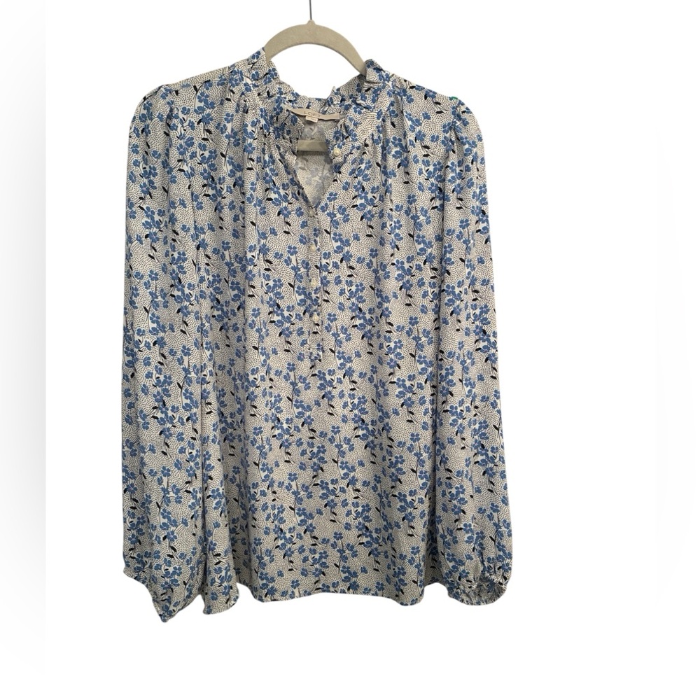 Womens Blue Floral Long-Sleeve Blouse